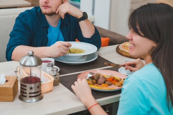Couple having lunch in mall cafe together. date talking — Stock Photo, Image