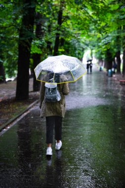 Hava yağmurlu. şemsiye ile şehir parkı tarafından yürüyen kadın