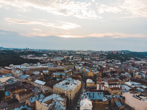 Aerial view of old european city on sunset — Stock Photo, Image