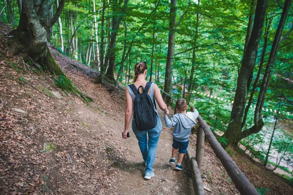 Mama cu fiu mers pe jos traseu forestier tinand mainile — Fotografie, imagine de stoc