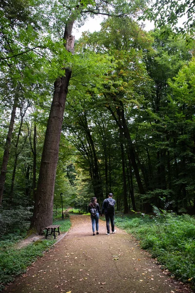 Fiatal pár sétál a városi park mellett kéz a kézben — Stock Fotó