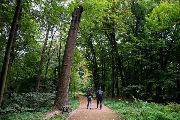 Şehir parkında el ele yürüyen genç bir çift.