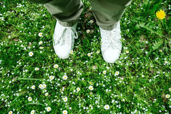 Pieds vue du dessus en chaussures blanches sur herbe avec des fleurs blanches — Photo