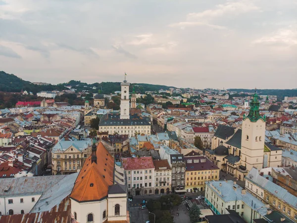 Aerial view old european city with red roofs — Stock Photo, Image