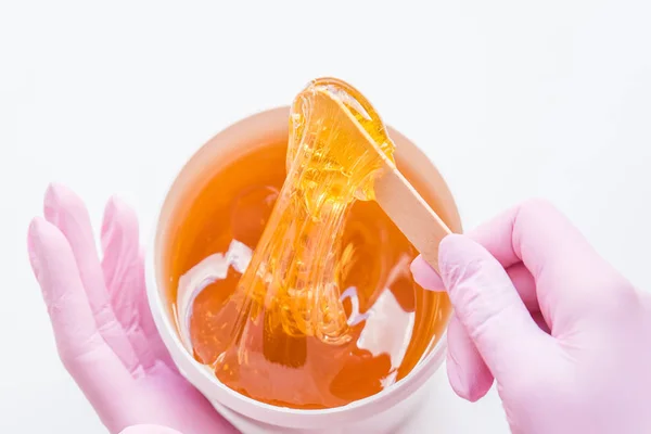 Concepto de azúcar. Acostado. vista aérea del cuenco con miel cosmetológica —  Fotos de Stock