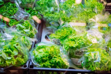 Lviv, Ukrayna - 6 Ekim 2018: yeşil salata mağaza rafına kapat