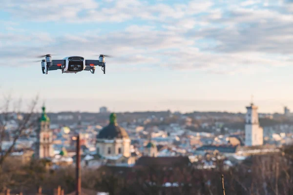 drone close up city on sunset on background