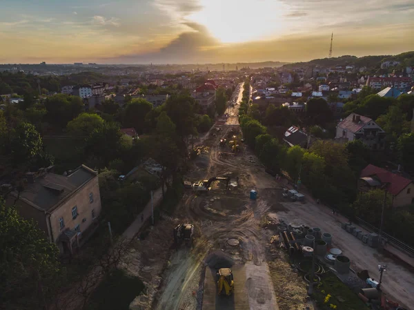 Letecký pohled na staveniště. vývoj ulic. — Stock fotografie