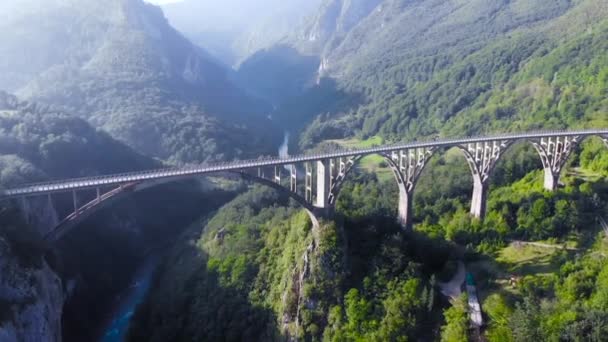 Воздушный Вид Мост Горах Лесом Каньон Рекой Концепция Поездки — стоковое видео