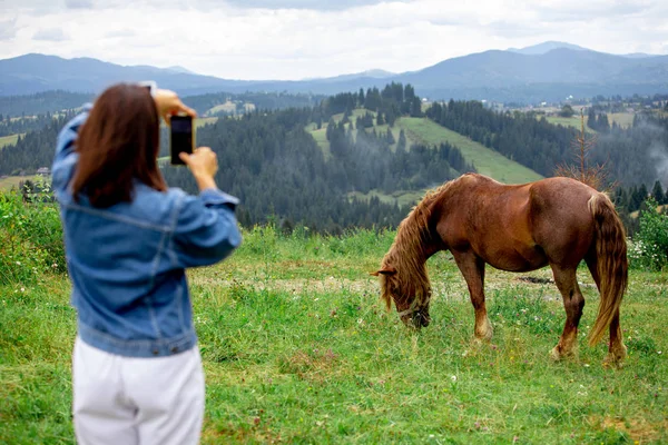 Женщина фотографирует лошадь в горах по телефону — стоковое фото