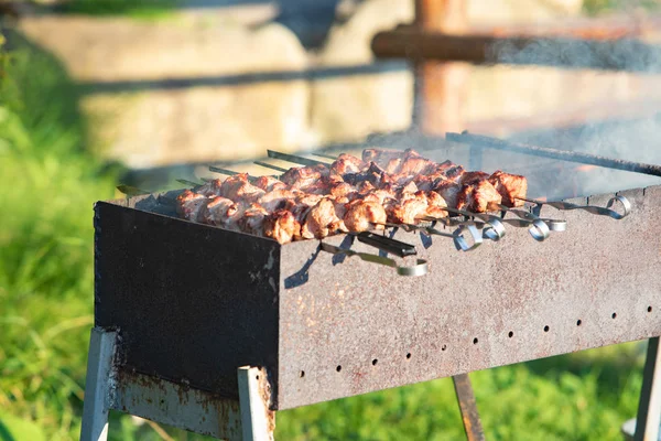 Cozinhar carne no fogo bbq — Fotografia de Stock