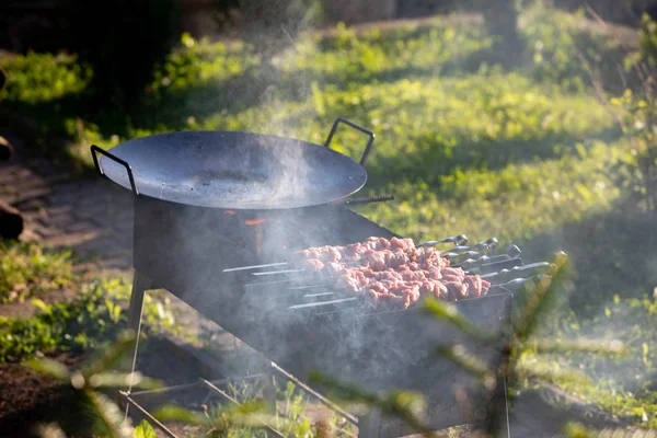 Cuisson de viande au feu de barbecue — Photo