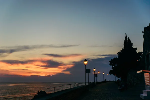 Park view with city lights lamps sea on background in rovinj city in croatia — Stock Photo, Image