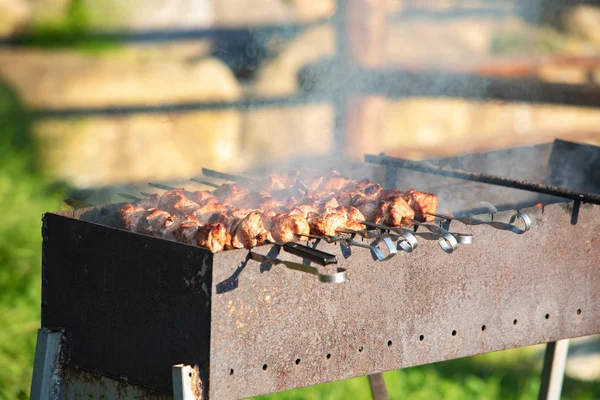 Cuisson de viande au feu de barbecue — Photo