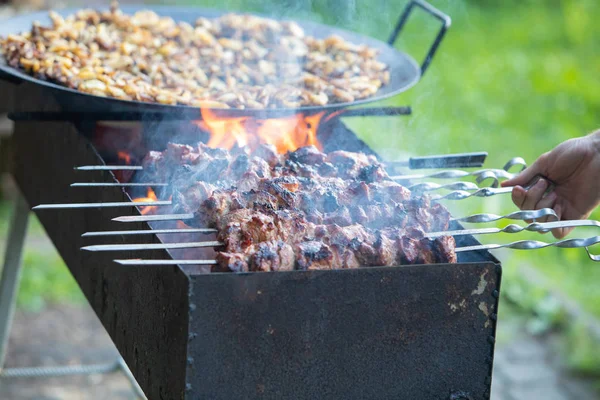バーベキューの火で肉を調理する — ストック写真