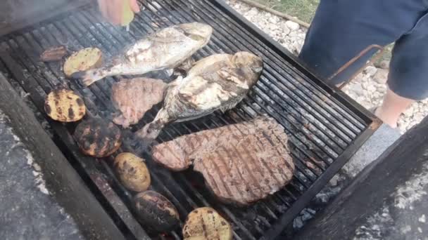 Cozinhar Peixe Acampamento Fogo Bbq Lugar Hora Verão — Vídeo de Stock