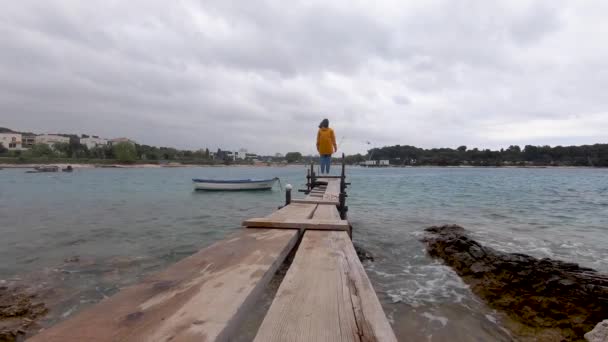 Kvinna Går Trä Fiskebrygga Titta Stormiga Havet Mulet Väder — Stockvideo