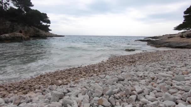 Seascape Widok Kamienistą Plażę Burzą Pogoda Powolny Ruch Pochmurny — Wideo stockowe