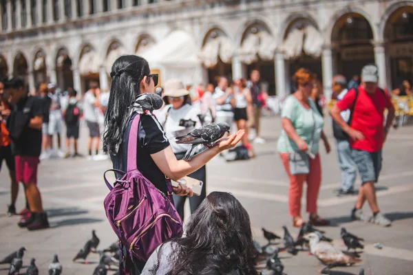 İtalya, Venedik - 25 Mayıs 2019: Aziz markmeydanında güvercinlerle turist kadın — Stok fotoğraf