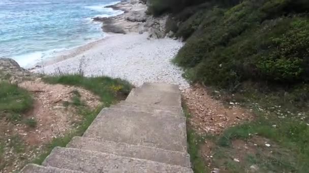 Person Coming Stairs Leading Sea — Stock Video