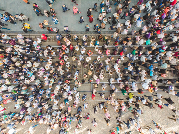 LVIV, UKRAINE - October 7, 2018: aerial view religious procession at city streets