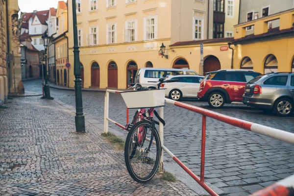 city bike parked at roadside. ecology transport