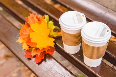 sarı akçaağaç yaprakları buketi ile şehir tezgah parkta iki kahve fincanları