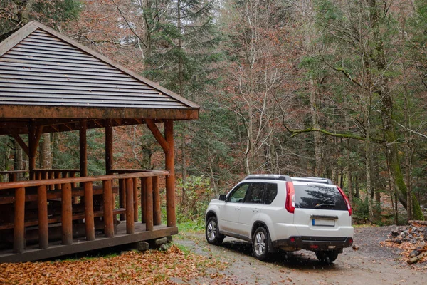 Coche suv blanco en el bosque de otoño gazebo barbacoa lugar — Foto de Stock