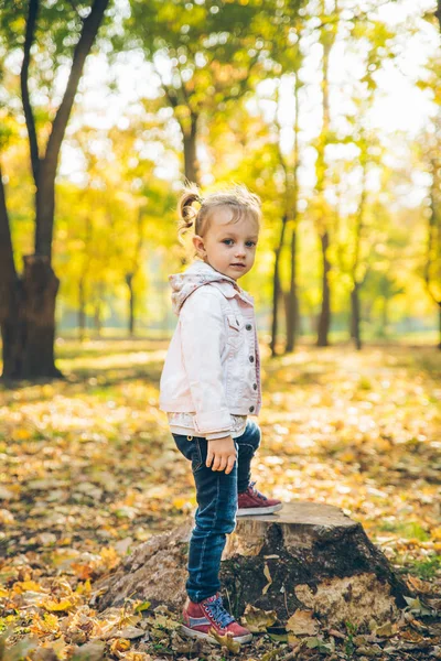 Petit sourire blond mignon tout-petit fille au parc de la ville d'automne — Photo