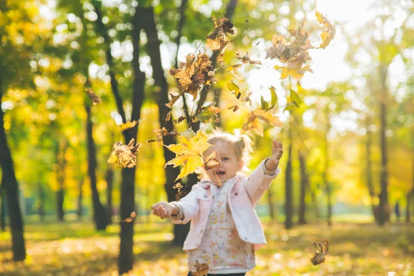 Feliz niña pequeña vomitar hojas de arce en otoño parque público de la ciudad — Foto de Stock