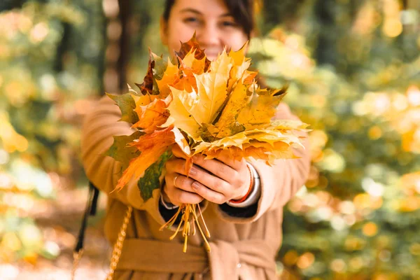 Junge hübsche Frau im Mantel im herbstlichen öffentlichen Park mit einem Strauß Ahornblättern — Stockfoto