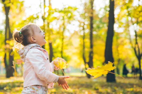 Lycklig liten småbarn flicka kasta upp lönn löv på höst Public City Park — Stockfoto