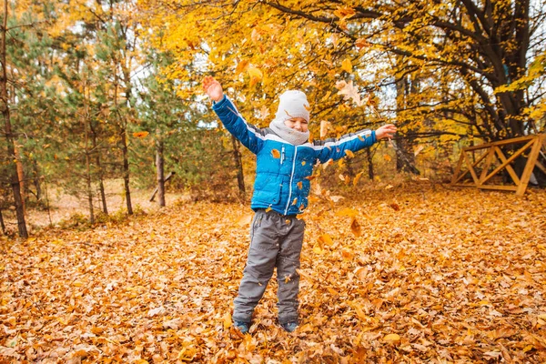 Petit garçon jouant avec des feuilles jaunes dans le parc d'automne — Photo