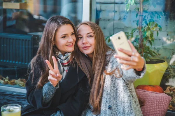 To vakre kvinner møttes på kafeen og tok selfie. – stockfoto