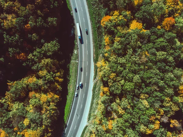 Widok z lotu ptaka jesiennej autostrady w lesie — Zdjęcie stockowe