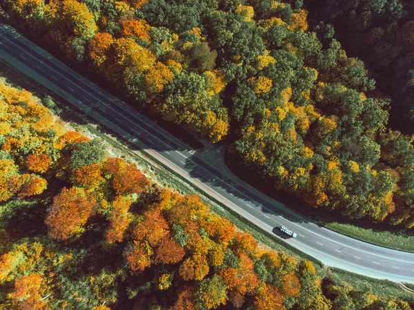 Εναέρια άποψη του φθινοπώρου αυτοκινητόδρομο στο δάσος — Φωτογραφία Αρχείου