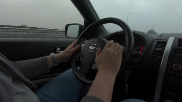 Pohled zevnitř vozu muž ruce na volantu jízdy deštivou dráhou — Stock video