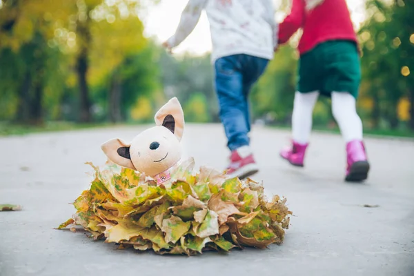 Juguete en arce hojas corona de cerca dos niñas corriendo sobre fondo — Foto de Stock