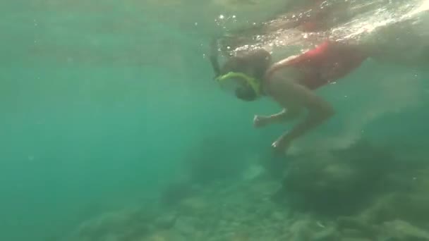 Vrouw Rood Zwempak Zwemmen Onder Water Geel Snorkelen Masker Zomer — Stockvideo