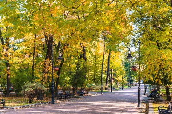 Το φθινόπωρο έρχεται με θέα το πάρκο της πόλης με κίτρινα και πράσινα δέντρα — Φωτογραφία Αρχείου