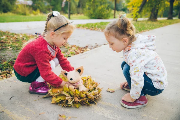 Duas meninas pequenas brincando com brinquedo no outono parque público da cidade — Fotografia de Stock