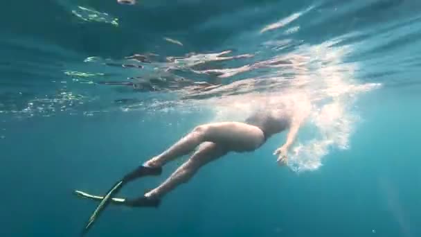 Mujer Nadando Con Máscara Bajo Agua Busca Conchas Marinas Vacaciones — Vídeo de stock