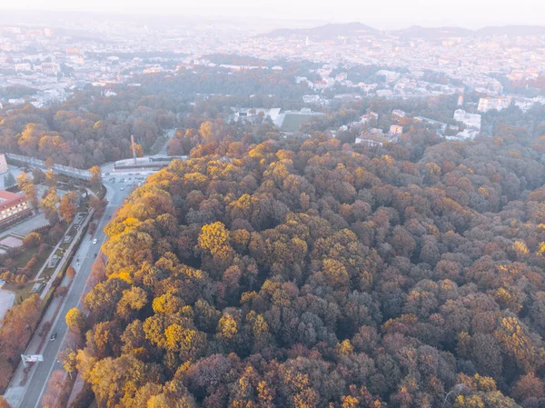 Flygfoto över höstens stadspark vid solnedgången — Stockfoto