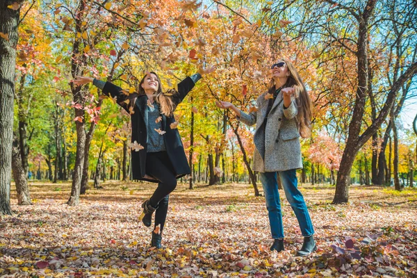 Дві подружки обдурюють жовте листя в міському парку — стокове фото