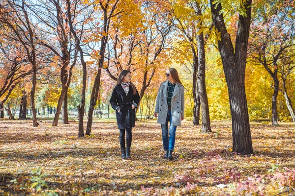 Dwie dziewczyny spacerujące przez jesienny park miejski — Zdjęcie stockowe