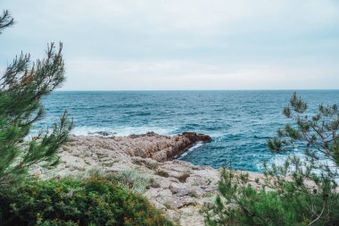 Fırtınalı havada kayalık sahil manzarası. Boşluğu kopyala