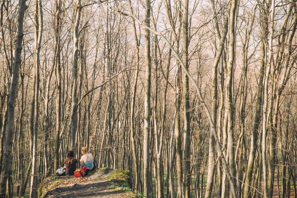 Două Femei Prietene Care Stau Pământ Stâncă Pădure Conceptul Drumeții — Fotografie, imagine de stoc