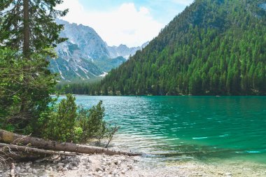 Dağlardaki göl manzarası. Yaz güneşli bir gün. Boşluğu kopyala
