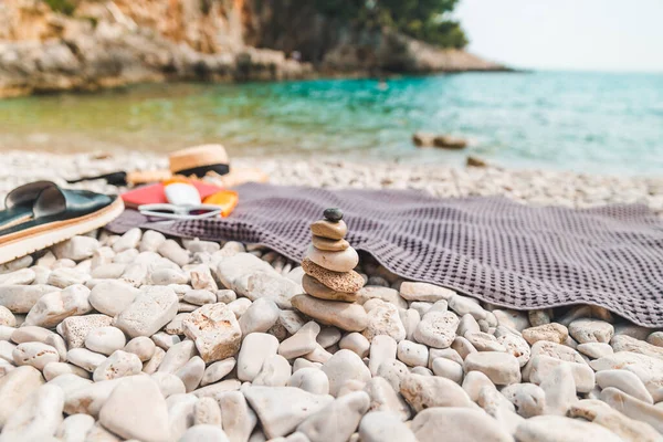 Meer Zeug Decke Felsigen Strand Kopierraum — Stockfoto