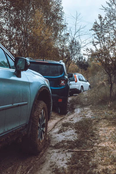 Tre Suv Bilar Vid Lera Road Spår Skogen Kopieringsutrymme — Stockfoto